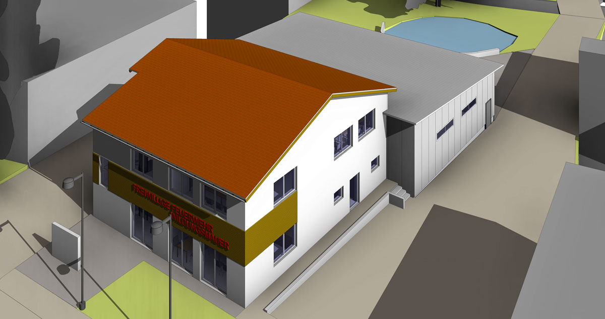 FF Wildungsmauer - neues Feuerwehrhaus. Rendering aus BIM Planung.